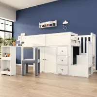 ALFORIGO Hochbett 90 x 200 aus MDF mit Ausziehtisch – Kinderbett mit Schrank und Seitenregal und Stauraumtreppe, Bettgestell in der Farbausführung Weiß