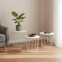 Levandeo 3er Set Beistelltisch Metall Metallkorb Drahtkorb Weiß Couchtisch Deckel Deko