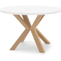 Dekori.Interiors Ausziehbarer runder Esstisch Weiß RAL 90/190 cm mit massiven Buchenholzbeinen in Buche Natur – Loft, rustikal