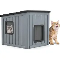 Costway Katzenhaus Outdoor Winterfest, Isolierte Katzenhütte, Katzenhöhle PP mit 2 PVC-Türen & geneigtem Dach für Haustier 62,5x54 x56,5cm