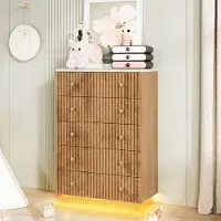 ProximaX Natürliches Holz-5-Schubladenkommode mit verstellbarer LED-Beleuchtung, geriffelte Oberfläche, kippsicherer Kleiderschrank für Schlafzimmer & Wohnzimmer