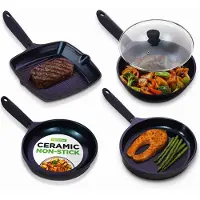 Nutrichef Pfannenset 5-teilig – Grillpfanne, Wokpfanne, Bratpfanne 28 cm, Fischpfanne oval, Glasdeckel Antihaft, induktionsgeeignet