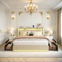 Moonbite Doppelbett 140 x 200 cm in beigefarbenem Leinen – Kopf- und Fußteil mit LED-Beleuchtung, 4 Metallschubladen, USB- und Typ-C-Anschlüsse