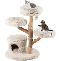 Costway 102cm Kratzbaum Holz, Katzenbaum mit Katzenhöhle, Plüschsitzfläche, Plattformen Kratzpfosten aus Jute & Ball, Katzenmöbel Massivholz, Weiß