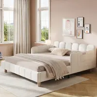 Flieks Kinderbett 140x190cm mit Rausfallschutz, Polsterbett mit Verstellbaren Armlehnen, Doppelbett Holzbett mit Holzbeinen, Samt, Beige