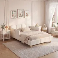Flieks Kinderbett 90x200cm mit Rausfallschutz, Polsterbett mit Verstellbaren Armlehnen, Einzelbett Holzbett mit Holzbeinen, Samt, Beige