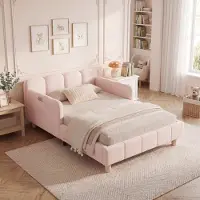 Flieks Kinderbett 90x200cm mit Rausfallschutz, Polsterbett mit Verstellbaren Armlehnen, Einzelbett Holzbett mit Holzbeinen, Samt, Rosa