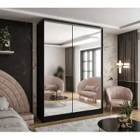 Caspian24 Moderner 2-türiger Kleiderschrank mit Schiebetüren in Schwarz mit 2 Spiegeln 130x58x250 cm – mit 2 Schubladen – für Schlafzimmer und Flur