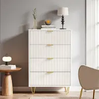 ProximaX Weiße Kommode mit 4 Schubladen, gewelltem Frontmuster, goldenen Griffen und Metallbeinen, modernem Stil, viel Stauraum