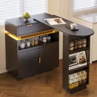 Flieks Ausziehbarer Bartisch mit Stauraum, LED‑Beleuchtung, 360° Drehfunktion, ausziehbare Kücheninsel, Bartisch 115-183x40x99.5cm, Schwarz