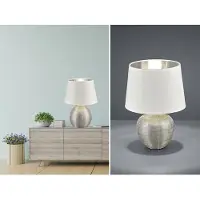 RL Keramik Tischleuchte LED 35cm hoch mit Stofflampenschirm Ø 24cm in Weiß / Silber