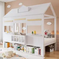 OKWISH Kinderbett 90x200 Einzelbett Regalreihe hausförmiges Design stabiler Lattenrost Stauraum Kinderzimmer Weiß ohne Matratze