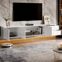 MODFU Modernes Hochglanz TV-Lowboard grifflos mit 3 Türen & 2 Schubladen,schwebend oder stehend Fernsehbank mit viel Stauraum für Wohnzimmer,Weiß