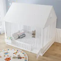 OKWISH Kinderbett 140x200 Einzelbett mit dekorativen Vorhängeschirmen und einem kleinen Stauraumfach Holzbett mit Sicherheitsgeländer Weiß (ohne Matratze)