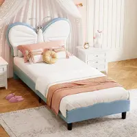 UnboxG Kinderpolsterbett 90x190cm Weiß-Blau mit Schmetterlingskopfteil und verstellbaren Leselampen, Weiches PolyurethanDesign für Mädchenzimmer