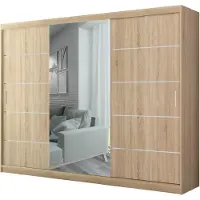 Masseno Schiebetürenschrank PORTIANO 196/245/56,5 cm 3-türig Schlafzimmer Schrank Kleiderschrank mit Spiegel Sonoma Eiche