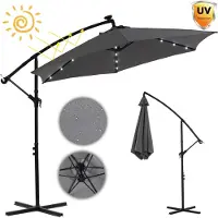 Feel2Home Ampelschirm 3,0M Grau mit LED Sonnenschutz Kurbel Solar Schattenspender Garten