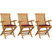 Syfax Gartenstühle mit Weinroten Kissen 3 Stk. Massivholz Teak
