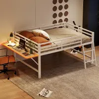 Merax Kinderbetten Halbhohes Bett 140x200cm mit Seite Schreibtisch, Leiter, LED-Beleuchtung, Geländer, Hausbett Design Metallbett, Jugendbett, Weiß