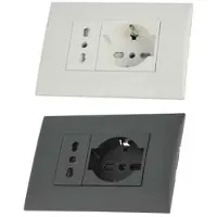 Electraline BIVALENTE-STECKDOSEN-SET (ITALIEN/DEUTSCH) MIT HALTERUNG UND -ABDECKPLATTE. Farbe: Schwarz