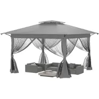 QEENTOE 4x4m Pop-Up Gartenpavillon Metall mit Doppel-Schutzdach, 4 Moskitonetz-Seitenteile, Grau für Garten, Party und Marktstand