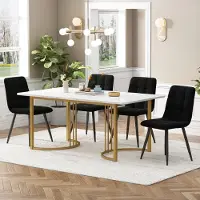 Sweiko Essgruppe (5-tlg),Esstisch mit 4 Stühlen Set, Moderner Küchentisch Set , 140×80cm Küchentisch mit Golden Metallbeinen, MDF Tischplatte in Weißer,Schwarz Samt Esszimmerstühle