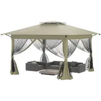 QEENTOE 4x4m Pop-Up Gartenpavillon Metall mit Doppel-Schutzdach, 4 Moskitonetz-Seitenteile, Khaki für Garten, Party und Marktstand