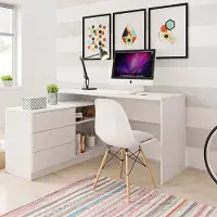 Bettso Eckschreibtisch Schreibtisch mit 3 Schubladen und großer Behälter moderner Schreibtisch für Büro Computertisch SMART 140 cm Weiß