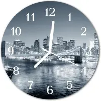 Tulup Glasuhr Wanduhr Küchenuhr Echt-Glas 30fi cm Skyline Nacht schwarz-weiß
