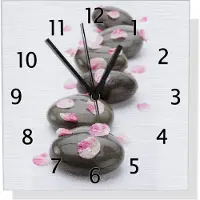 Wallario Design Wanduhr Dunkle Steine mit Blütenblättern aus Aluverbund, Größe 30 x 30 cm
