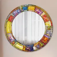 Wallfluent Runder Spiegel mit Modernem Aufdruck - Dekospiegel Wandmontage -bunt gebeizt glas- Ø60cm