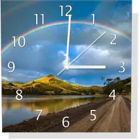 Wallario Design Wanduhr Regenbogen über Hügel aus Echtglas, Größe 30 x 30 cm