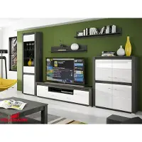 Feldmann-Wohnen Wohnzimmer komplett Wohnwand 5-teilig schwarzkiefer / weiß Hochglanz
