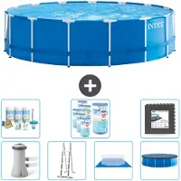 Intex Rundrahmen-Schwimmbecken – 457 x 122 cm – Blau – inklusive Pumpe – Leiter – Bodenplane – Abdeckung Wartungspaket - Filter - Bodenfliesen