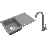 VBChome Granitspüle 76 x 44 cm Grau mit Armatur Einzelbecken Einbauspüle Reversibel Gesprenkelt Pflegeleichtes Spülbecken mit Siphon
