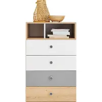 Mirjan 24 Kommode Pixel PX10, Highboard Schrank mit 4-Schubladen und Regal (Farbe: Biskuit Eiche / Biskuit Eiche + Weiß Lux + Grau)