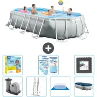 Intex Oval Prism Frame Swimmingpool – 503 x 274 x 122 cm – Grau – inklusive Pumpe – Leiter – Bodenplane – Abdeckung Wartungspaket - Filter - Bodenfliesen