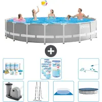 Intex Round Prism Frame Swimming Pool – 548 x 122 cm – Grau – inklusive Pumpe – Leiter – Bodenplane – Abdeckung Wartungspaket - Filter - Reinigungskit