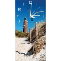 Wallario Design Wanduhr bedruckt, Größe 30 x 60 cm, Motiv: Möwe am Strand mit Leuchtturm