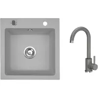 VBChome Granitspüle 50 x 48 cm Grau mit Armatur Einzelbecken Einbauspüle Gesprenkelt Pflegeleichtes Spülbecken mit Siphon Ideal für kleine Küchen
