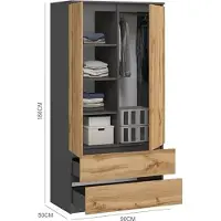 BDW , Monia Kleiderschrank, mit 2 Schubladen, Anthrazit / Wotan Eiche, 50Tx90Bx235H cm (2 Schubladen)