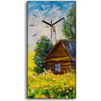 Coloray Dekor Leinwand Uhr Wandbilder 30x60 Gemälde Wiese Hütte Himmel Blumen Landschaft - schwarze Hände