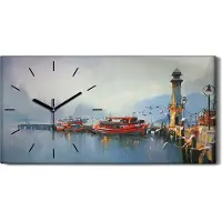 Coloray Dekor Leinwand Uhr Wandbilder Quarz 60x30 Fischerboot Hafen am Morgen Aquarell - schwarze Hände