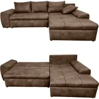 Luma-home Ecksofa Vintage Schlafsofa Eckcouch L-Sofa mit Ottomane und Bettkasten in Braun / 18011