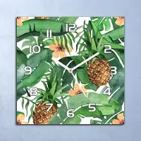 Coloray Deko Glasuhr Wanduhr 30x30 Tropische Blätter & Ananas Quarz Küchenuhr Bürouhr