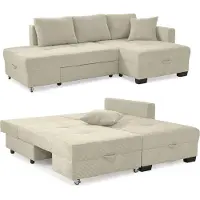 Luma-home Ecksofa Schwenkfunktion Doppelbett Schlafcouch Bettkasten Cordbezug Beige Grau / 15215