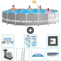 Intex Round Prism Frame Swimming Pool – 610 x 132 cm – Grau – inklusive Pumpe – Leiter – Bodenplane – Abdeckung Wartungspaket - Filter - Bodenfliesen