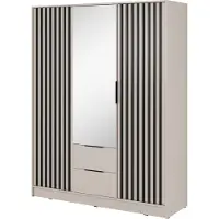 Lomadox Schlafzimmer Kleiderschrank mit Spiegel, 155 cm Breite, Beige mit Schwarz, Akustikpaneel-Optik, 3-türig - NAMUR-160