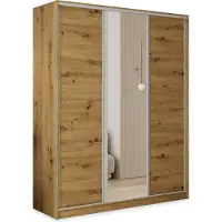 Masseno Schiebetürenschrank TARI 150/205/58 cm Kleiderschrank mit 4 Schubladen Schlafzimmer Schrank 3-türig mit Spiegel Eiche Artisan