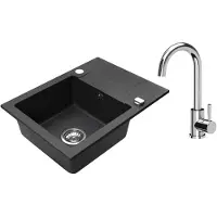VBChome Granitspüle 59 x 44 cm Schwarz mit Armatur Einzelbecken Einbauspüle Reversibel Gesprenkelt Pflegeleichtes Spülbecken mit Siphon